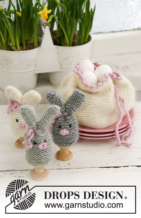 Cozy Bunnies / DROPS Extra 0-545 - DROPS Easter bunny egg warmer and egg basket in ”Merino Extra Fine” and ”Kid-Silk”.