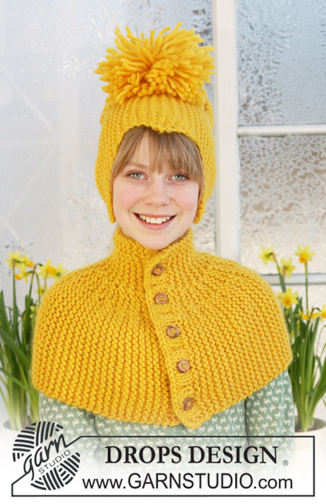 Sweet Chick / DROPS Extra 0-547 - Coprispalle di Pasqua DROPS con bottoni e cappello a punto legaccio in Snow 