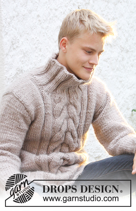 Admiral's Braid / DROPS Extra 0-553 - Men's sweater with cables mid front in DROPS Snow or DROPS Andes, Size S to XXXL.