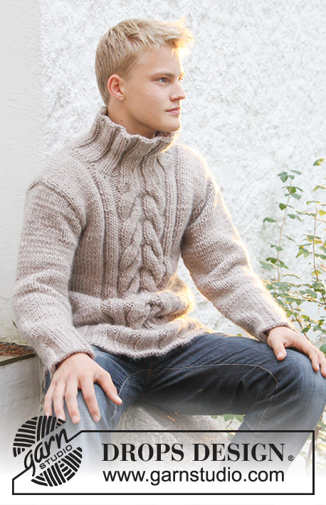Admiral's Braid / DROPS Extra 0-553 - Men's jumper with cables mid front in DROPS Snow or DROPS Andes, Size S to XXXL.