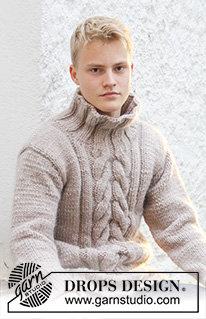 Admiral's Braid / DROPS Extra 0-553 - Men's sweater with cables mid front in DROPS Snow or DROPS Andes, Size S to XXXL.