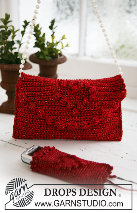Rouge Glam / DROPS Extra 0-574 - Crochet bag and cellphone pocket in DROPS Cotton Viscose and DROPS Glitter. Theme: Christmas