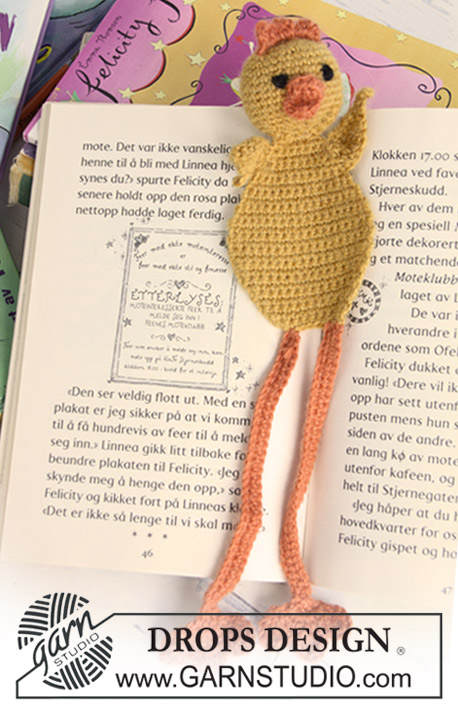 Easter Chick / DROPS Extra 0-624 - Pascua: Pollito marcador de páginas DROPS en ganchillo (crochet),  en “Alpaca ...para los amantes de la novela policial.
Diseño DROPS:  Patrón No. Z-506-påske
