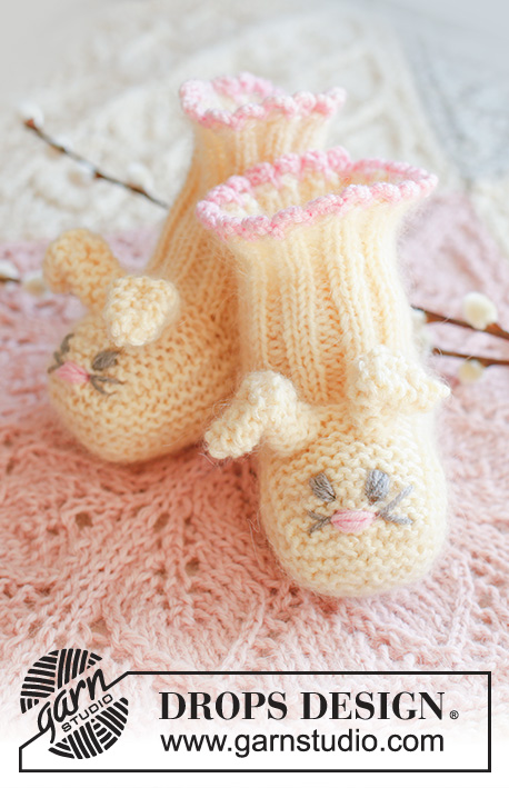 Bunny Toes / DROPS Extra 0-634 - DROPS kanin eller harepustøfler i ”BabyMerino” og ”Kid-Silk” til påske.