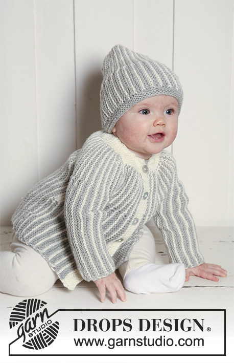 Magnus Set / DROPS Extra 0-639 - Settet består av:
Rillestrikket DROPS jakke og lue, strikket sidelengs i ”Merino Extra Fine”. til barn og baby