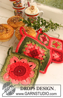 DROPS Extra 0-696 - DROPS crochet pot holders with squares in ”Paris”.

