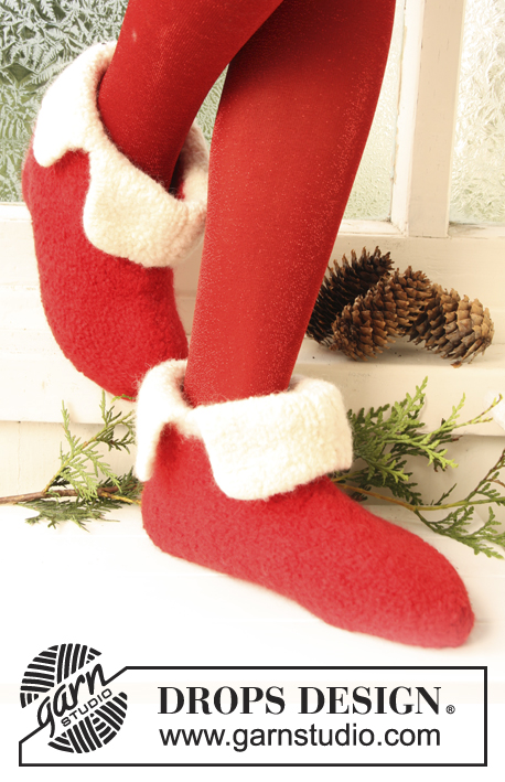 Santa's Slippers / DROPS Extra 0-735 - Chaussons tricotés et feutrés pour bébé, enfant, femme et homme, en DROPS Snow. Du 21 au 48. Thème: Noël.