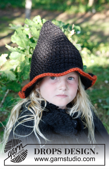 Merlina / DROPS Extra 0-779 - Hæklet heksehat til børn i DROPS Snow. Størrelse 3 - 14 år. Tema Halloween