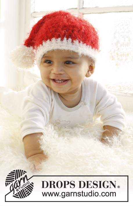 Santa Baby / DROPS Extra 0-787 - Bonnet de Noël crocheté pour bébé et enfant, en DROPS Symphony ou DROPS Melody. Du 1 mois au 14 ans.