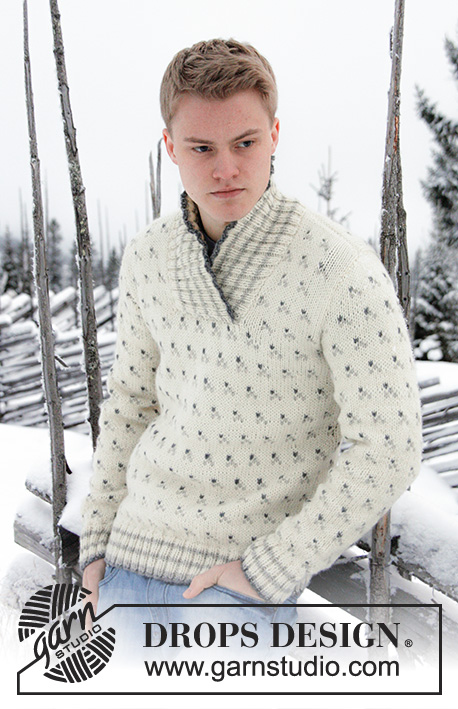 Ocelot / DROPS Extra 0-808 - Strikket sweater til herre i DROPS Nepal med mønster og sjalskrave. Str S - XXXL