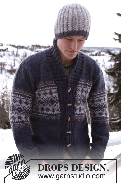 Harald / DROPS Extra 0-813 - Strikket jakke til herre i DROPS Alaska med mønster og sjalskrave. Str S – XXXL
