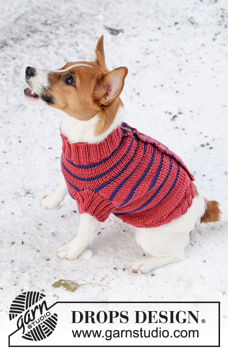 BFF's Jumper / DROPS Extra 0-84 - Pull tricoté pour chien, en DROPS Merino Extra Fine. Se tricote à partir du bas jusqu’au cou,  en jersey, avec des rayures et une ouverture le long du dos. Du XS au L.