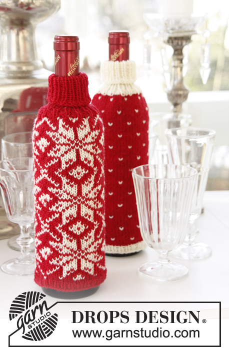 Icy Toast / DROPS Extra 0-863 - Fundas para botellas DROPS, para Navidad, tejidas con patrón de jacquard noruego en “Fabel” o “Flora”.