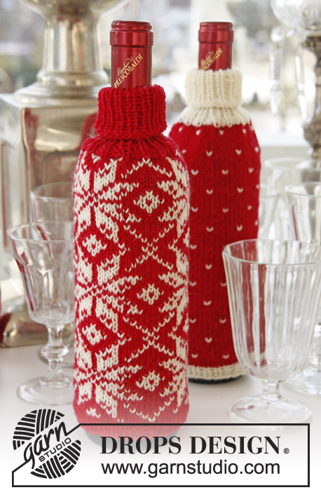 Icy Toast / DROPS Extra 0-863 - Knitted DROPS Christmas bottle covers in ”Fabel” or Flora with Norwegian pattern.
