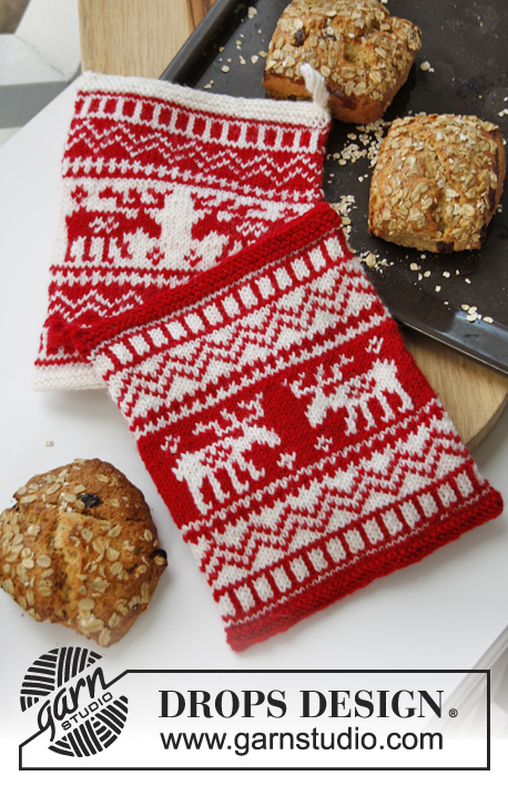 Oh Deer / DROPS Extra 0-869 - Knitted DROPS Christmas pot holder with Nordic pattern in “Muskat”. 