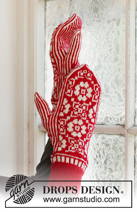 Christmas Rose / DROPS Extra 0-871 - Knitted DROPS Christmas mittens in Fabel or Flora.