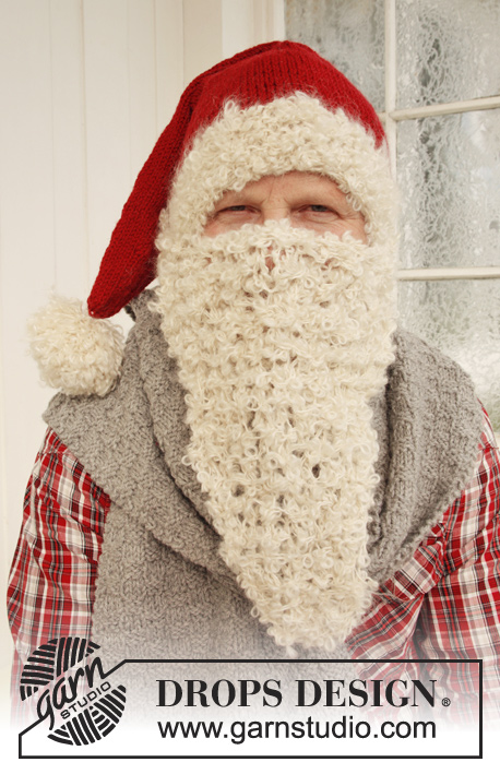 Mr. Kringle / DROPS Extra 0-875 - Bonnet de Père Noël DROPS et écharpe en Nepal, et barbe tricotée avec 2 fils Puddel ou 4 fils Alpaca Bouclé.