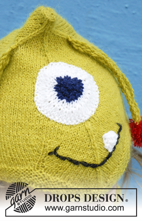 Eye Smile / DROPS Extra 0-932 - Bonnet monstre tricoté pour bébé et enfant en DROPS Alpaca avec des yeux, une bouche et des antennes. Du 0 au 4 ans.