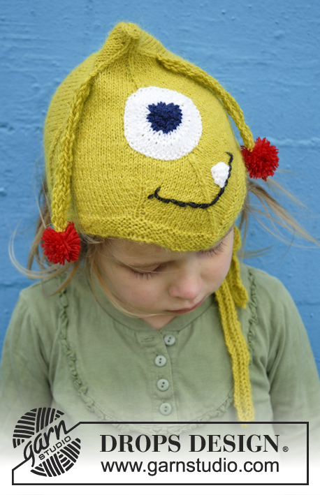 Eye Smile / DROPS Extra 0-932 - Gestrickte Monster - Mütze für Babys und Kinder in DROPS Alpaca mit Auge, Mund und Fühlern
