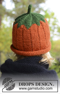 Sweet Pumpkin / DROPS Extra 0-966 - Bonnet citrouille tricotée pour bébé et enfant, en DROPS Karisma. Du 0 au 8 ans. Thème: Halloween.