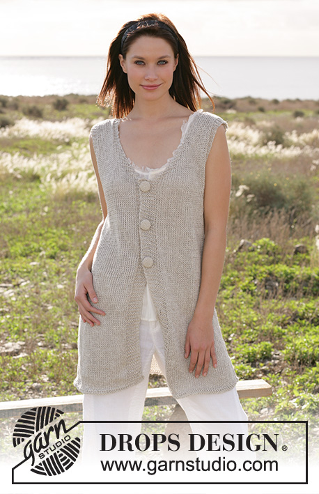 Calamity Jane / DROPS 100-27 - DROPS long waistcoat knitted in garter sts with ”Bomull-Lin” and buttons in”Cotton Viscose”