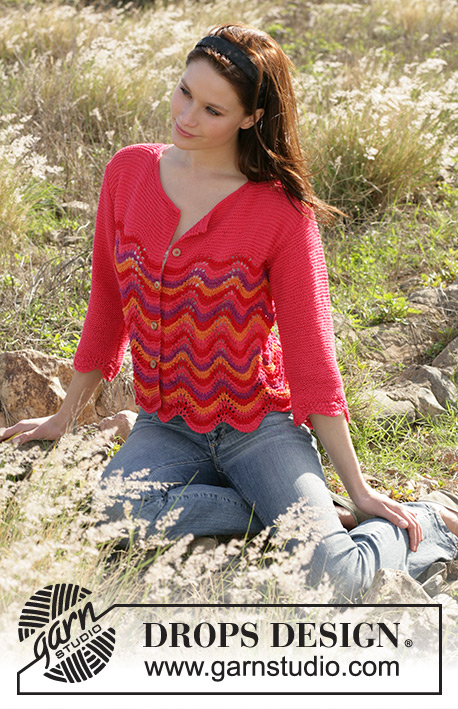 Jazzy / DROPS 100-29 - DROPS  cardigan knitted in garter sts with wave pattern and ¾ sleeves in ”Safran
