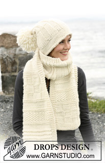 DROPS 102-12 - DROPS textured scarf and hat with large pompom in ”Snow”