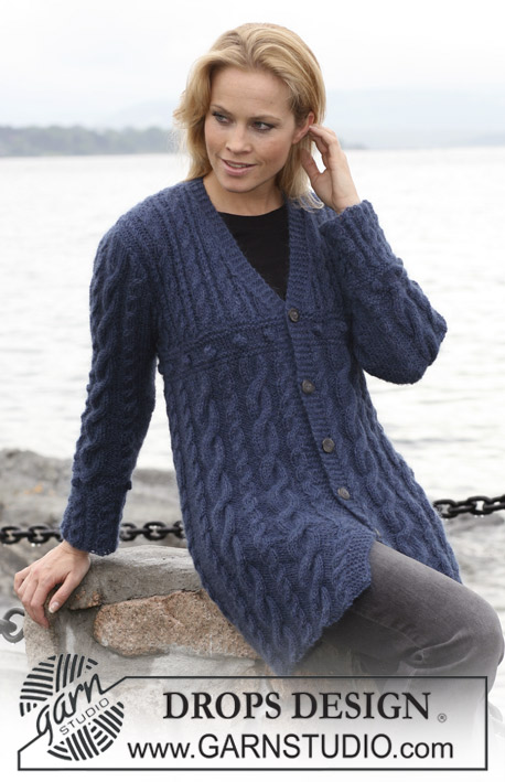 DROPS 102-22 - Long DROPS jacket with cables in ”Alpaca” and ”Vivaldi”. Sizes XS to XXXL.