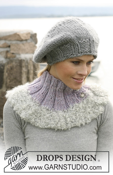 DROPS 102-31 - DROPS beret in ”Snow”. Neck and pulse warmer with Rib in ”Snow” and ”Puddel
