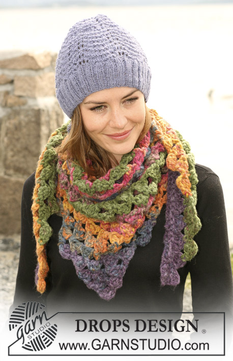 DROPS 102-36 - Crochet DROPS shawl in ”Inka” and knitted hat in ”Alpaca” with wavepattern. 