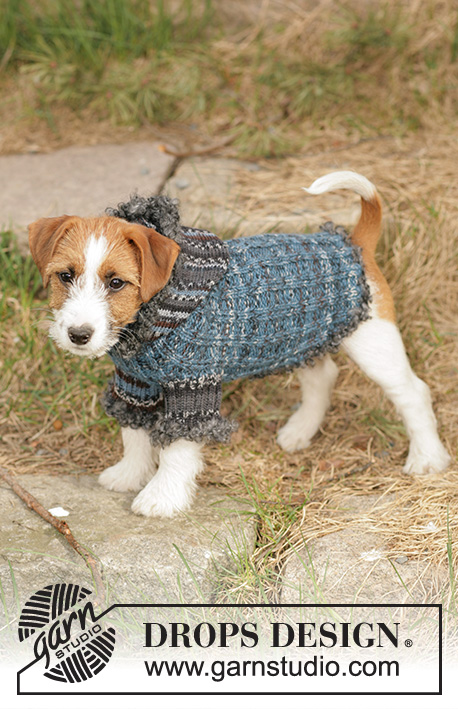Tweedle Dee / DROPS 102-41 - Knitted dog sweater in DROPS Fabel and DROPS Alpaca, with edges in DROPS Puddel or DROPS Melody. The piece is worked from neck to tail with rib, hood and crocheted edges. Sizes XS - M. Theme: Christmas
