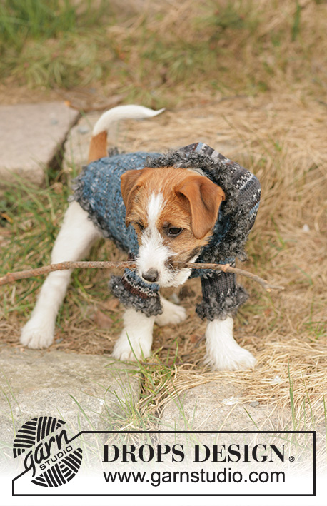 Tweedle Dee / DROPS 102-41 - Knitted dog jumper in DROPS Fabel and DROPS Alpaca, with edges in DROPS Puddel or DROPS Melody. The piece is worked from neck to tail with rib, hood and crocheted edges. Sizes XS - M. Theme: Christmas