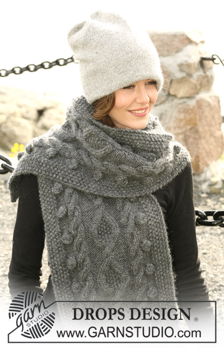 Stormy Sea / DROPS 102-8 - DROPS double hat in 2 threads ”Alpaca” and DROPS scarf with cables in ”Snow”