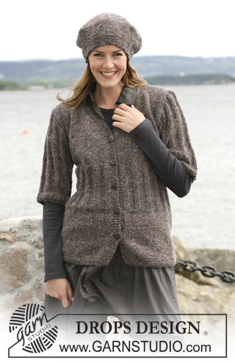 DROPS 103-15 - Komplet: rozpinany sweter na drutach z rękawem ¾ lub z długim rękawem i beret na drutach, z włóczki DROPS Angora-Tweed  - od S do XXXL