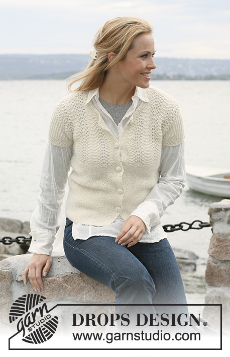 DROPS 103-38 - Rozpinany sweter na drutach, z krótkim rękawem i wzorem fal – rozmiary od S do XXXL