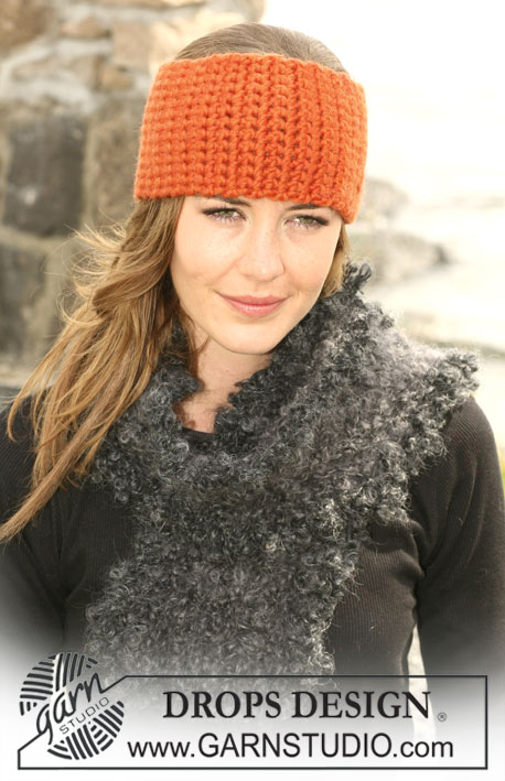 DROPS 104-20 - Fita cabelo DROPS em croché em “Snow” e cachecol em tricô em “Puddel” 