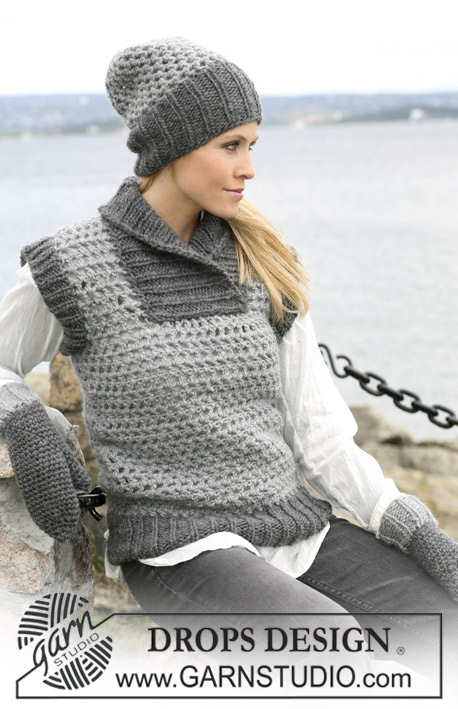DROPS 104-30 - Crochet DROPS waist coat / slipover, hat and mittens with rib in ”Snow