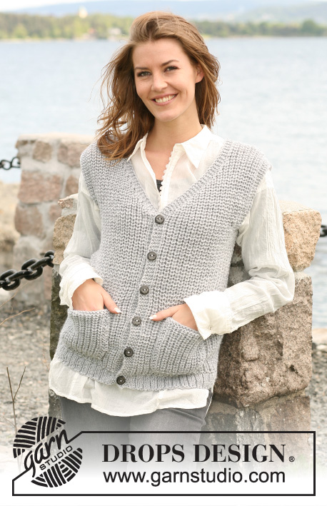 Daphne / DROPS 104-34 - English rib DROPS waistcoat in ”Alaska” with wide shoulders and pockets. Size: S to XXXL