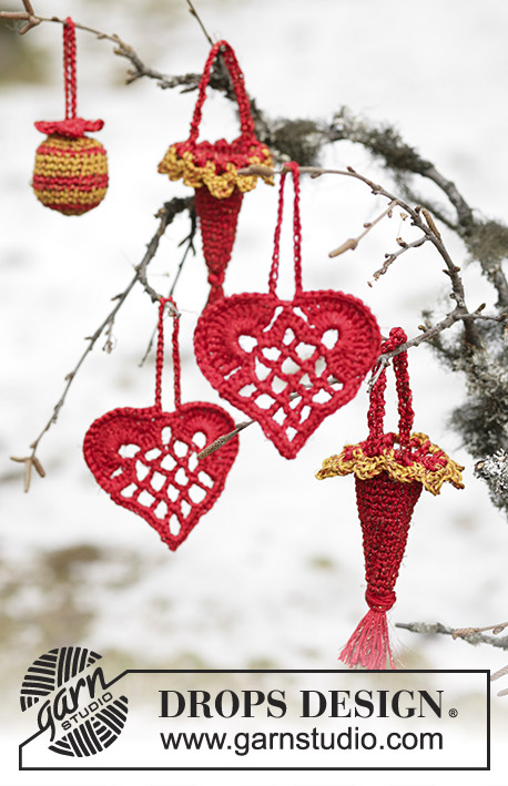 Mormors Julehjerte / DROPS 104-46 - Elegant Christmas heart in ”Cotton Viscose” or DROPS Safran and ”Glitter”.