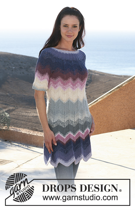 Heartland Sunset / DROPS 105-10 - DROPS dress in zigzag pattern with short raglan sleeve in “Alpaca” and “Cotton Viscose”. Size XS - XXXL.