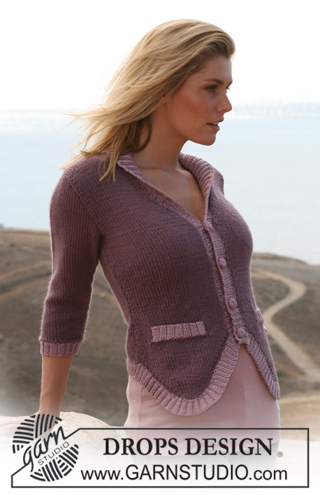 Heather Haze / DROPS 105-13 - Rozpinany sweter na drutach, z rękawami ¾, z włóczki DROPS Silke Alpaca i z brzegami włóczki DROPS Coton Viscose – od S do XXXL