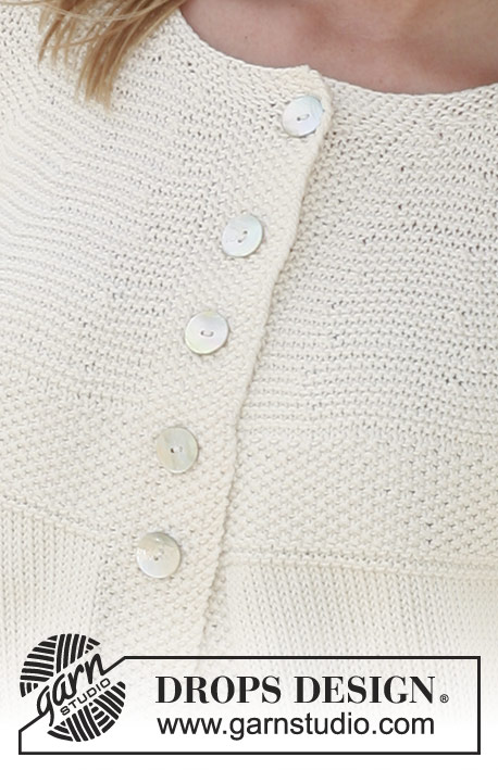 Summer Pearl / DROPS 105-5 - DROPS jacket in moss st with round yoke in “Muskat”. Size S – XXXL