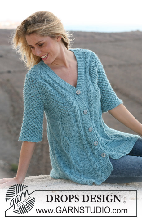 Blue Azure / DROPS 106-28 - DROPS A-shaped jacket with cables and berry pattern in “Silke Alpaca”. Size S – XXXL. 
