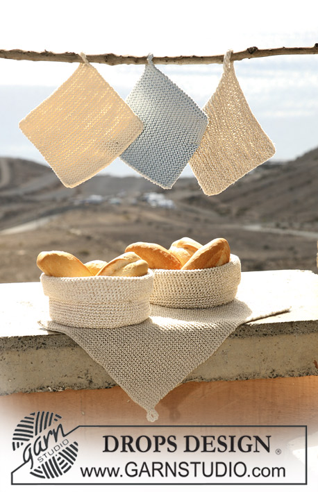 Provence Kitchen / DROPS 107-30 - Set comprise:  DROPS ridge knit kitchen hand towel with loop in ”Bomull-Lin”, crochet bread basket in ”Bomull-Lin” and ”Cotton Viscose” and ridge knit pot holder with loop in ”Ice” or ”Bomull-Lin”. 