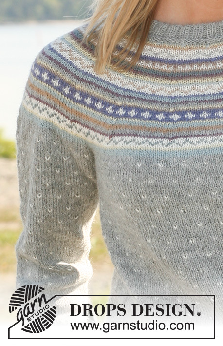 Valeria / DROPS 108-10 - DROPS tröja i ”Alpaca” med runt ok och flerfärgat mönster med luser. Långa eller
korta ärmar. Stl XS - XXL
