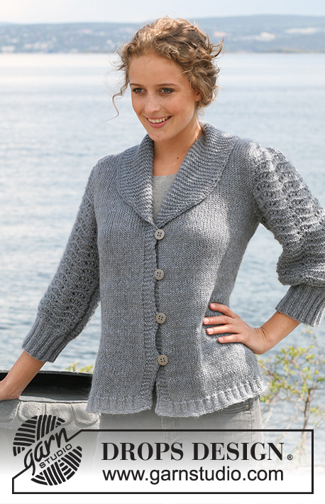 Svetlana / DROPS 108-2 - Rozpinany sweter na drutach, dżersejem, z rękawami wzorem fal, z włóczek DROPS Alpaca i DROPS Kid-Silk. Od S do XXXL