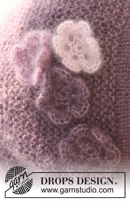 In Bloom / DROPS 108-5 - DROPS shawl and Basque hat in 2 threads ”Kid-Silk” with crochet flowers. 