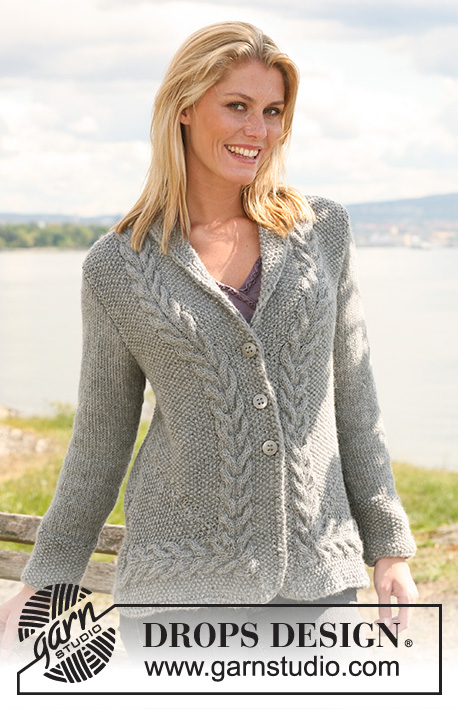 Moon Light / DROPS 108-52 - Knitted DROPS Jacket in moss st with cables in ”Silke-Alpaca”. Size S - XXXL.