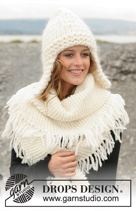 DROPS 109-18 - Set comprising: Knitted DROPS hat with ear flaps in 1 thread Vienna and 2 threads Snow or 1 thread Vienna and 1 thread Polaris. Shawl in garter st with tassels in 1 thread Snow or Polaris.