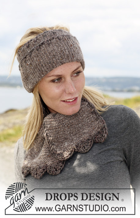 DROPS 109-25 - Set comprising: Knitted DROPS ear warmer and scarf in ”Angora-Tweed”  with crochet border in ”Snow”. 